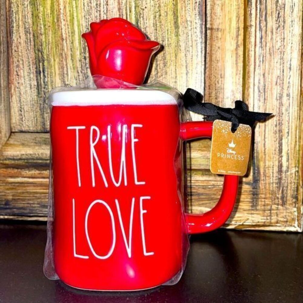 Rae Dunn Disney beauty and the beast  true love coffee mug with rose topper